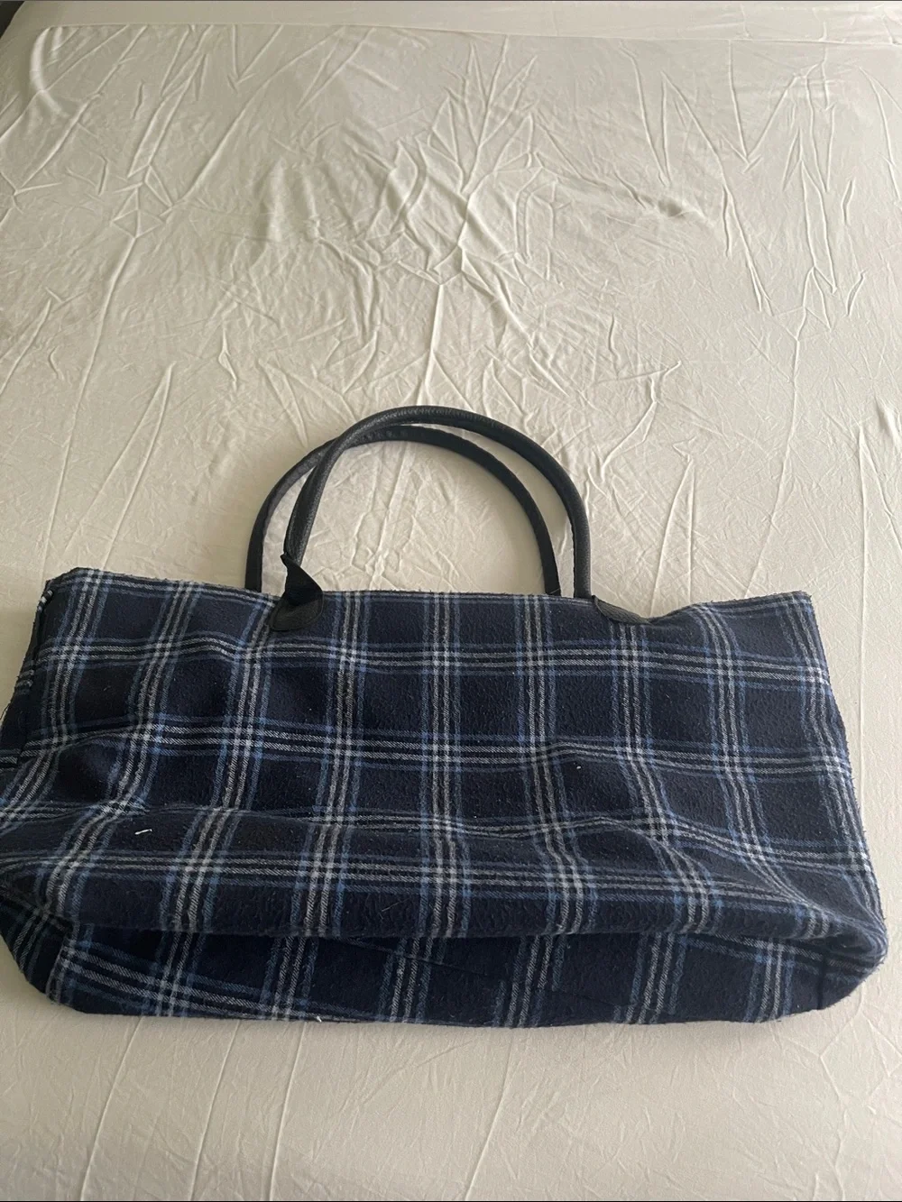 Plaid Navy Blue Tote Bag with Black Handles